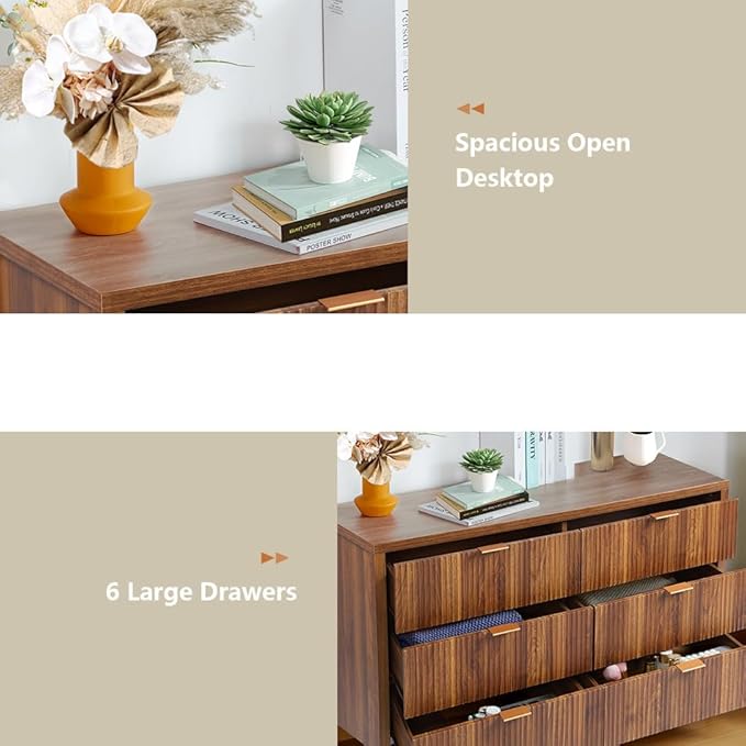 6 Drawer Dresser Cabinet, Long Nightstand with Drawers and Storage Cabinet, Farmhouse Solid Wood Dresser TV Stand, Mid Century Modern Nightstand with 6 Drawer Side Table for Bedroom Closet (Walnut)