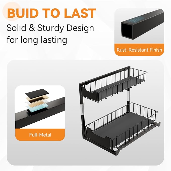 2 Pack Metal Under Sink Organizer, Pull Out Cabinet Organizer Rack with Silk-Smooth Bottom Drawer, Easy to Install, Multi-Purpose Storage Shelf for Bathroom, Kitchen, Vanity, Pantry-NeatNest