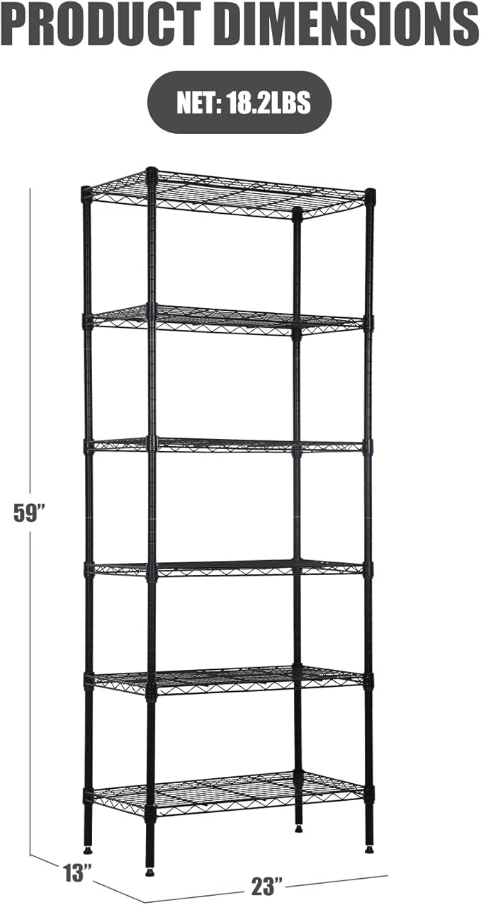 6-Tier Wire Shelving Unit Storage Shelves Metal Shelves 60"x23"x13" Heavy Duty Metal Storage Rack Wire Rack NSF Height Adjustable for Home Kitchen Bathroom Garage Shelving(Black)