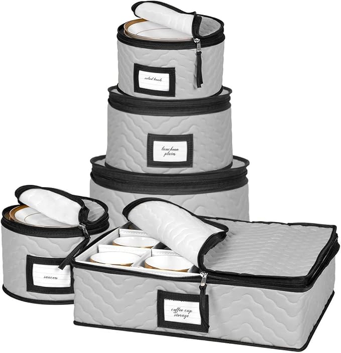 China Storage Containers 5-Piece Set Moving Boxes for Dinnerware, Glasses, Plates, Mugs and Saucers Sturdy Quilted Microfiber Dish Organizer with Dividers for Seasonal Storage - Gray-NeatNest