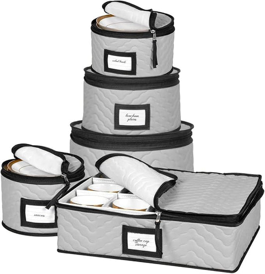 China Storage Containers 5-Piece Set Moving Boxes for Dinnerware, Glasses, Plates, Mugs and Saucers Sturdy Quilted Microfiber Dish Organizer with Dividers for Seasonal Storage - Gray-NeatNest