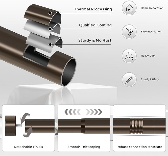 2 Pack Curtain Rods for Windows 28 to 48 Inch(1.5-5 Feet), Bronze 1'' Diameter Drapery Rods with End Cap Style Design,Modern Adjustable Heavy Duty Curtain Rod,Size:30''-60''