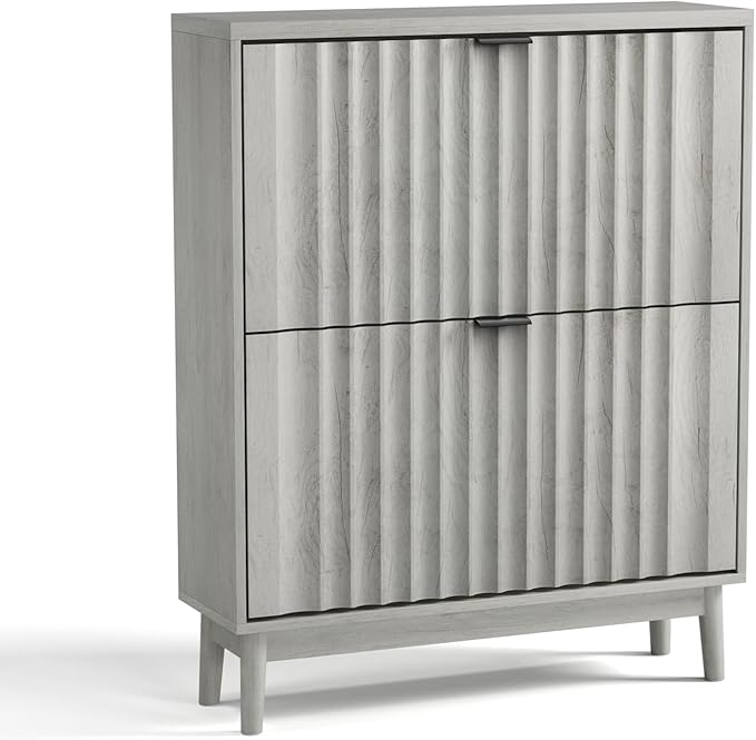 Vibe & Dine Shoe Cabinet with 2 Flip Drawers, Fluted Shoe Storage Cabinet for Entryway Slim, Free Standing Shoe Rack Organizer with Wave Doors for Hallway, Bedroom, Grey-NeatNest