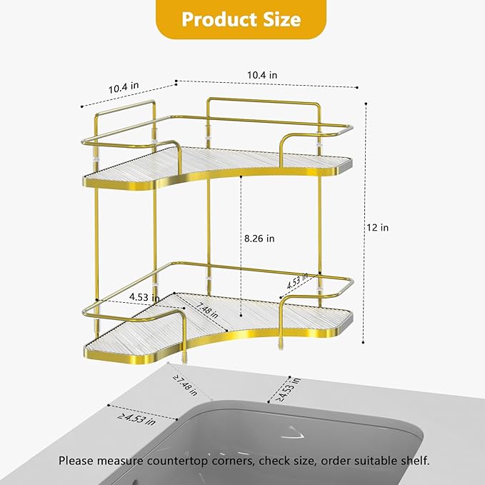 FOLLOWIN 2 Tier Bathroom Corner Countertop Organizer,Make Up Organizers and Storage,Corner Counter Shelf,Skincare Makeup Cosmetic Vanity Lotion Perfume Organizers Holder,Shine Gold-NeatNest