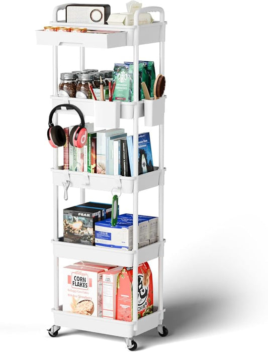 5 Tier Rolling Cart Organizer,Bathroom Cart Organizers with Wheels Laundry Room Organization Mobile Shelving Unit Utility Cart Storage Shelves Multi-Functional for Office, Home(White)-NeatNest