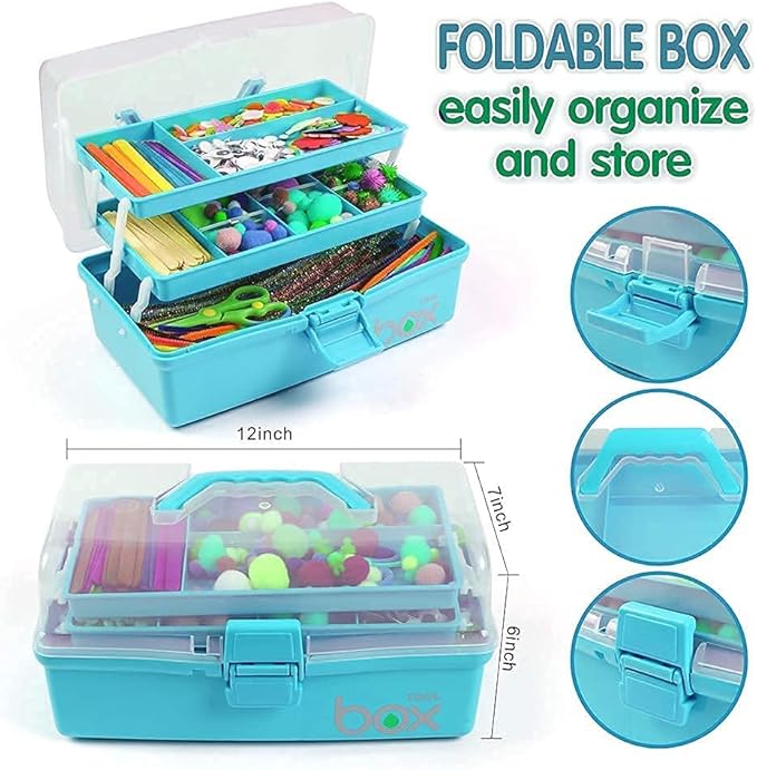 12in Three-Layer Multipurpose Storage Box Organizer Folding Tool Box/Art & Crafts Case/Sewing Supplies Organizer/Medicine Box/Family First Aid Box with 2 Trays (Blue)
