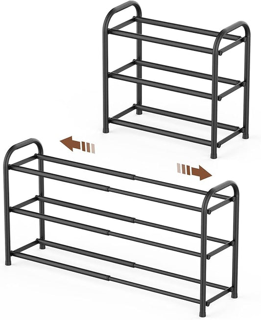 Gonfoam 3-Tier Expandable Shoe Rack,Adjustable Shoe Shelf Storage Organizer Heavy Duty Metal Free Standing Shoe Rack for Entryway Closet Doorway (Black)-NeatNest