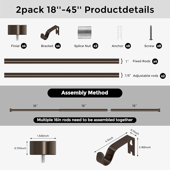 2 Pack Curtain Rods for Windows 18 to 45 Inch(1.5-3.75 Feet),Bronze 1'' Diameter Drapery Rods with End Cap Style Design,Modern Adjustable Heavy Duty Curtain Rod,Size:18''-45''