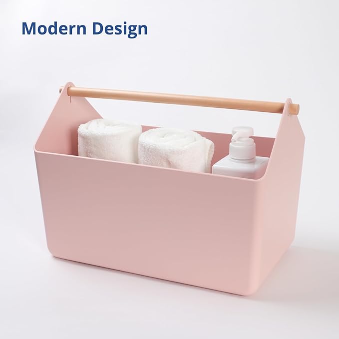 BLUE GINKGO Large Storage Basket – Plastic Caddy with Wooden Handle for Bathroom, Pantry, or Cleaning Supplies (Pink)-NeatNest