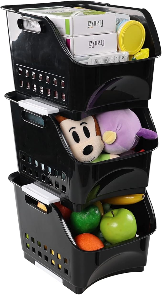 3 tier Kitchen Stacking Open Storage Bins, Plastic Stackable Storage Baskets