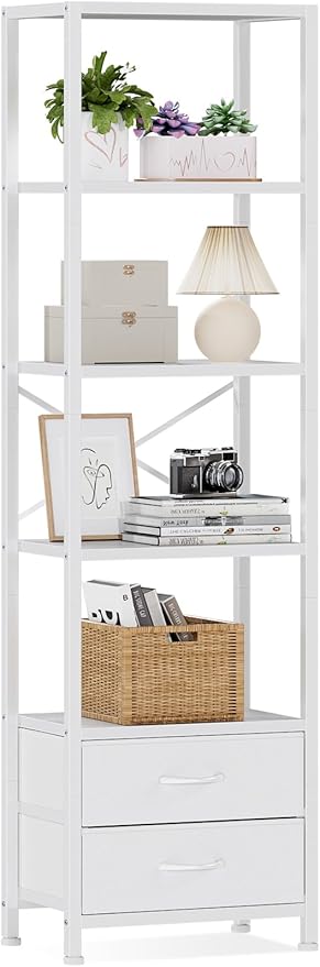 Furnulem 5-Tier Corner Shelf, Narrow Bookshelf with 2 Storage Drawers, Tall Bookcase, Wood Display Standing Shelf Organizer Unit for Living Room, Bedroom, Metal Frame(White)