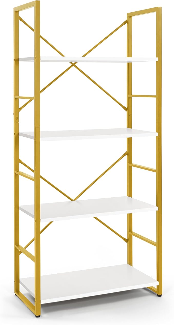 CAPHAUS 4 Tier Bookshelf, Bookcase Shelf Storage Organizer, Living Room, Kitchen, 24 Inch Width Free Standing Shelf, Industrial Book Shelves for Home Office, White Wooden Shelves & Gold Frame-NeatNest