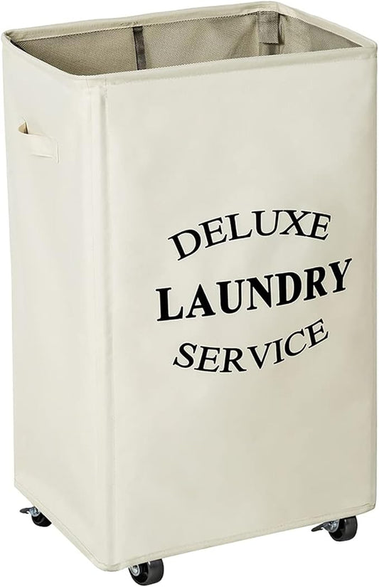 WOWLIVE Large Rolling Laundry Basket Wheels 90L Collapsible Tall Laundry Hamper Handle Foldable Dirty Clothing Basket Fold up Rectangular Hampers for Laundry Dorm Room (Beige)