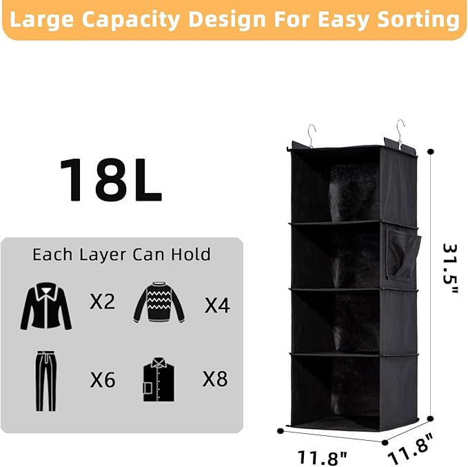 4-Shelf Hanging Closet Organizer and Storage, Collapsible Hanging Shelves for Closet with 2 Side Pockets, Hanging Shoe Organizer to Saving Space,Black-NeatNest