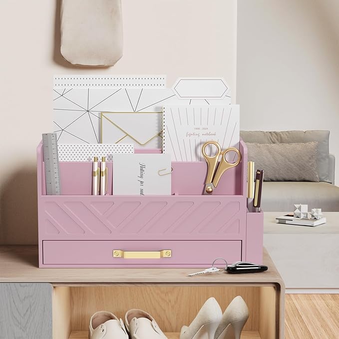 Bamboo Desk Organizer Mail Holder Countertop Wood Desk Drawer Tabletop Storage Box Pen Holder Letter Sorter Makeup Organizer for School Home Office Supplies with Pen Holder Pink-NeatNest