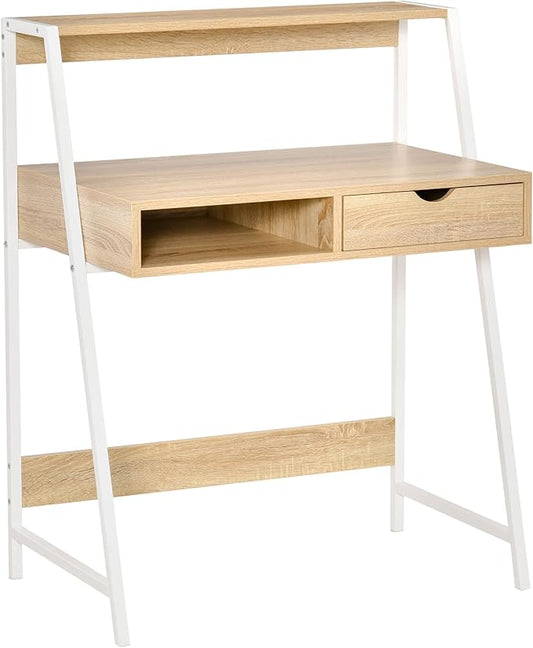 HOMCOM Home Office Desk, Computer Desk with A Frame for Small Spaces, Writing Table with Drawer and Storage Shelves, Natural-NeatNest