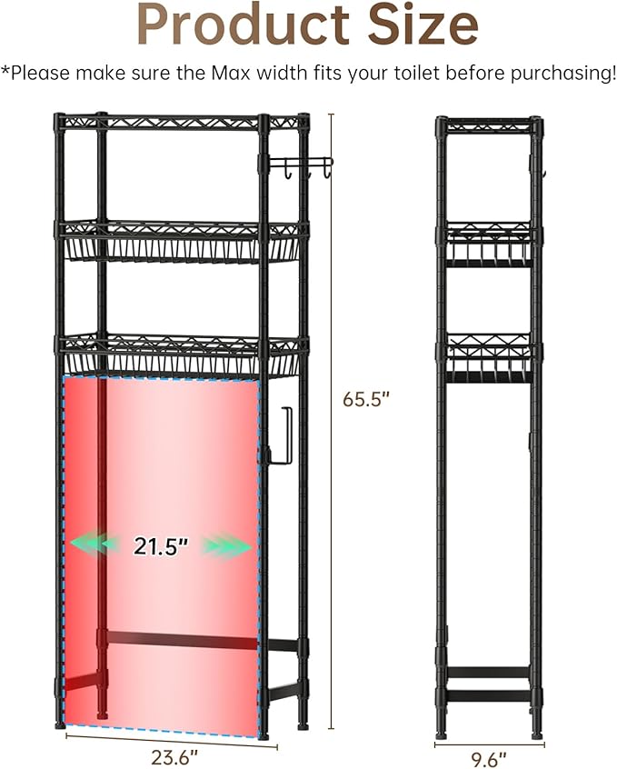 3-Tier Over-The-Toilet Storage Shelf,Heavy-Duty Adjustable Bathroom Rack with 2 Mesh Baskets,Toilet Paper Holder & Hooks,Space-Saving Organizer for Bathroom,10”D x 24”W x 66”H,Black