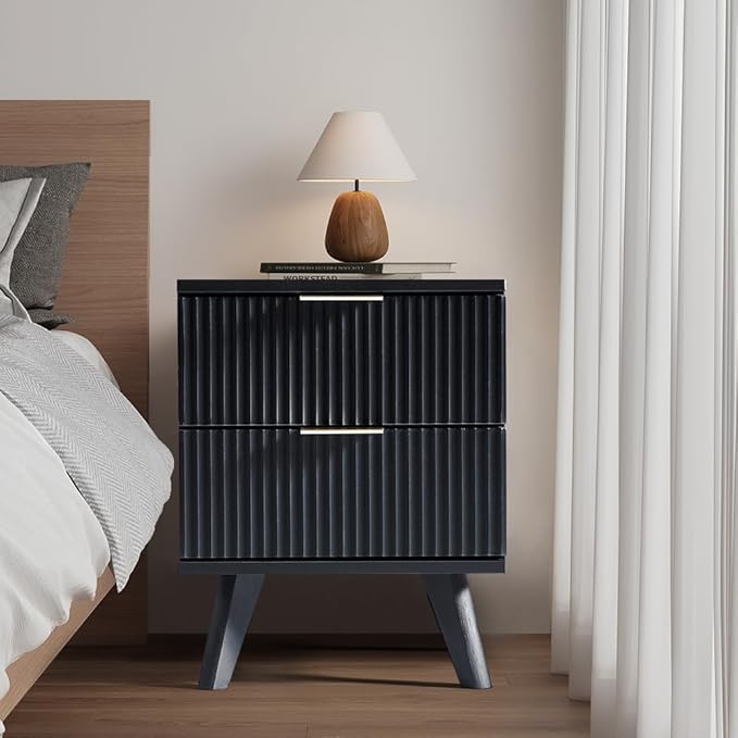 Black Nightstand, Mid Century Modern Nightstand with 2 Drawers, Bedroom Nightstand, Bed Side Table Small Nightstand for Dorm, Wood End Table Bedside Tables, Modern End Side Table (Black)