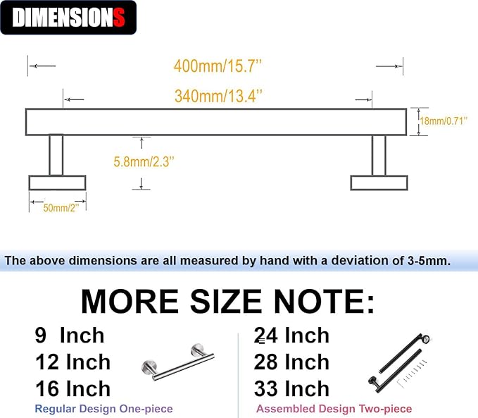 16 Inch Towel Bar for Bathroom 9/12/16/24/28/33 Inch Kitchen Hand Towel Holder Matted Black SUS304 Stainless Steel RUSTPROOF Wall Mount Towel Rod (1, Matted Black, 16 Inch)