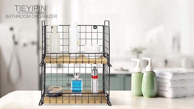 TIEYIPIN 2-Tier Stackable Metal Wire Hanging Baskets, Fruit Basket,Snack Station for Countertop, Coffee Bar Storage Organizer with Detachable Wooden Base, Rustic Farmhouse Counter Shelf - Black