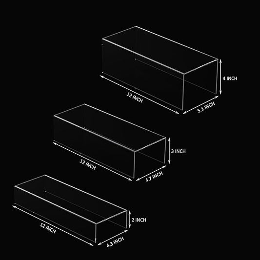Clear Riser Display Shelf 3pcs, Desktop Rectangular Acrylic Display Shelves Storage Organizer, Acrylic Stands for Funko Pop Figure, Bags, Shoes, Spice Jars, Skincare, Cosmetics - 12-2'', 3'',-NeatNest