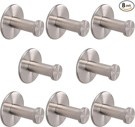 Bath Towel Hooks, 8 Pack Self Adhesive Coat Hooks, Sturdy No Drilling Robe Hook, SUS 304 Stainless Steel Heavy Duty, Wall Hooks for Bathroom Bedroom Kitchen (2 in, Brushed)