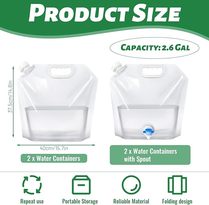4 Pack Collapsible Water Jug Container, Portable Water Bags with Spout, Folding Plastic Water Carrier Tank, No Leak Emergency Camping Water Storage for Travel Hiking (2.6 Gal)