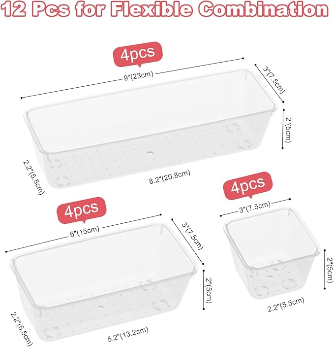 12 PCS Plastic Drawer Organizer Set, Sturdy 3-Size Makeup Vanity Desk Drawer Organizer Trays and Storage Bins for Cosmetics, Junk and Gadgets – Ideal for Bathroom, Bedroom, Office and Kitchen-NeatNest