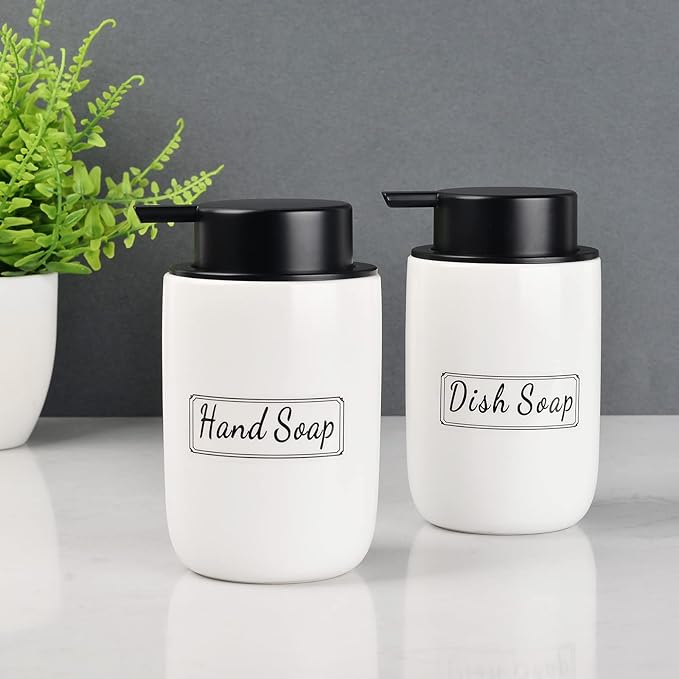 BosilunLife Foaming Soap Dispenser Set - White Ceramic Foam Hand Dispenser 12oz Soap Dispenser Set with Rust Proof Pump, 4Pcs Clear Stickers for Kitchen, Bathroom - 2 Pack-NeatNest