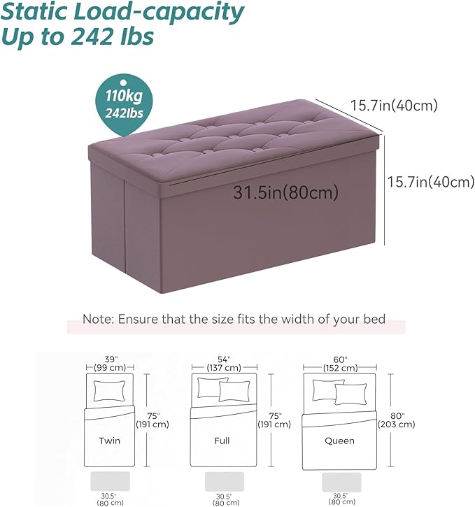BRIAN & DANY Folding Storage Ottoman Bench, Ottoman with Storage, Foot Rest, Benches Seat for Bedroom, Living Room, Entryway, Long Shoes Bench, 15.7" x 31.5" x 15.7" Light Purple-NeatNest