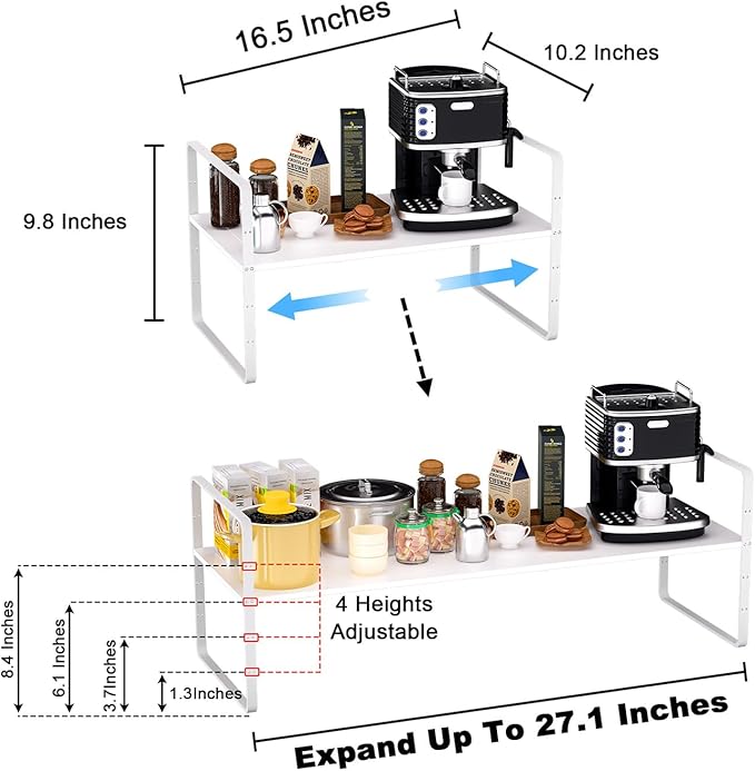 Expandable Kitchen Cabinet Shelf Organizers 2 Pack, Stackable Metal Pantry Storage Shelves Rack, Adjustable Counter Shelf for Cabinets, Countertop, Cupboard Organizers and Storage, White-NeatNest