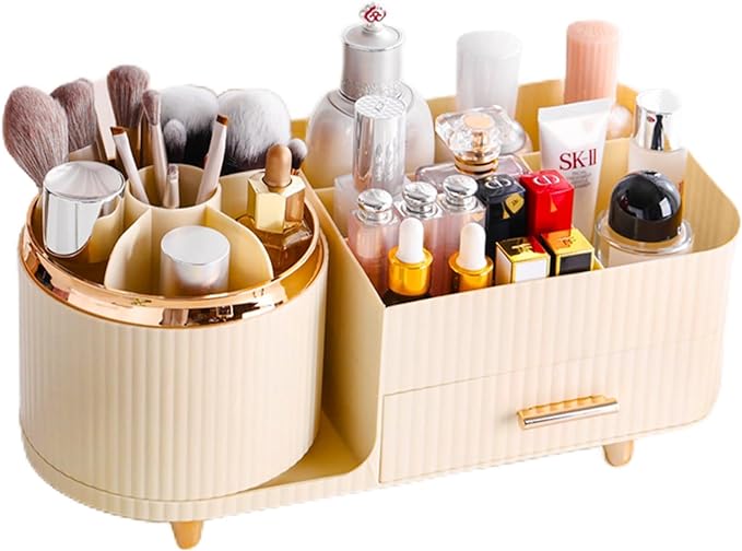 Rotating Makeup Organizer for Vanity with Brush Holder and Drawer, Cosmetic Makeup Storage, Large Spinning Makeup Skincare Organizer, Countertop Makeup Perfume Organizer, Lotions Display Case (Ivory)