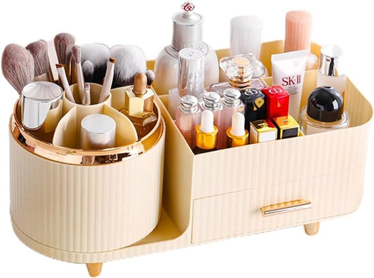 Rotating Makeup Organizer for Vanity with Brush Holder and Drawer, Cosmetic Makeup Storage, Large Spinning Makeup Skincare Organizer, Countertop Makeup Perfume Organizer, Lotions Display Case (Ivory)