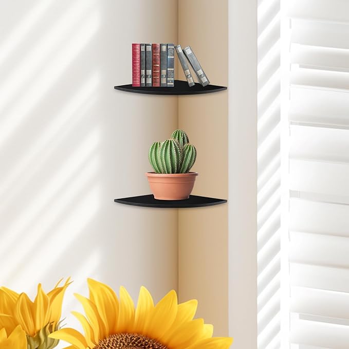 JJL Corner Shelf Wall Mounted, 12-Inch Sector Wood Floating Corner Shelves with Wire Hole, Set of 2 Circular arc Corner Shelf for Bedroom Corner Decoration, Black-NeatNest