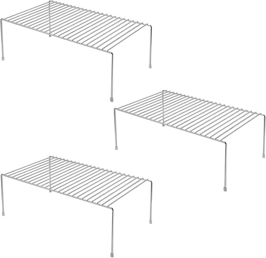 Kitchen Cabinet Shelf Organizer Set of 3, Large (15.7 x 9.4 inch) Metal Wire Pantry Storage Shelves, Dish Plate Racks for Cabinets, Freezer, Counter, Cupboard Organizers and Storage, Chrome