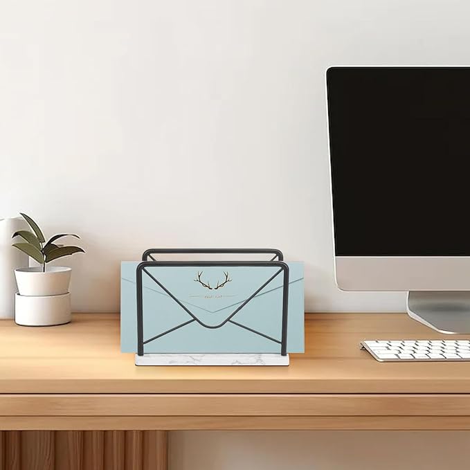 Modern Mail Holder for Home Office, Metal Letter Organizer Sorter for Desk, Cutout Mail Envelope Design, Bill Filling Paper Document Rack, Envelope Storage Rack with Marble Base