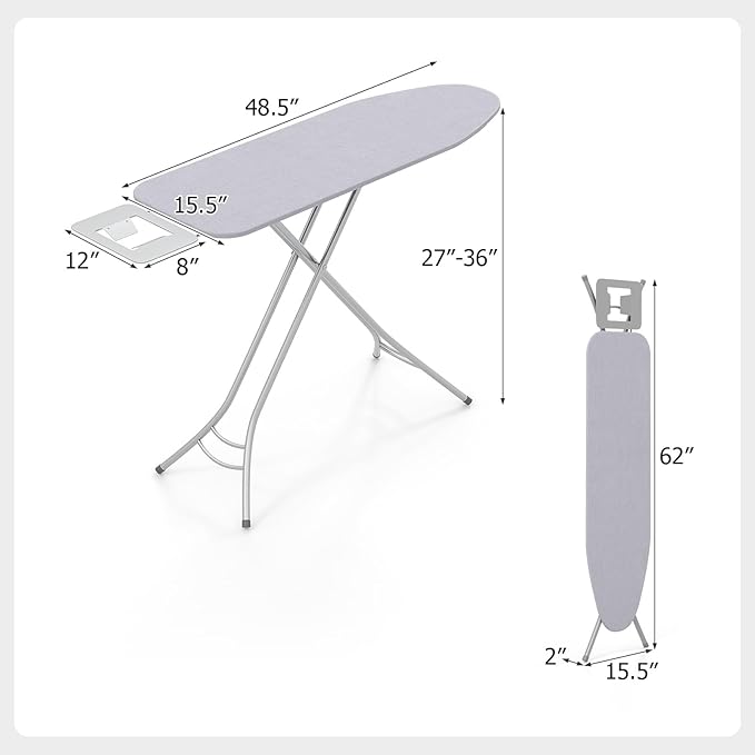 GOFLAME Folding Ironing Board, Height Adjustable Ironing Board w/Iron Rest, Removable Cover, Sturdy Metal Frame, 48.5" x 15.5" Compact & Portable Ironing Board for Household (Grey)