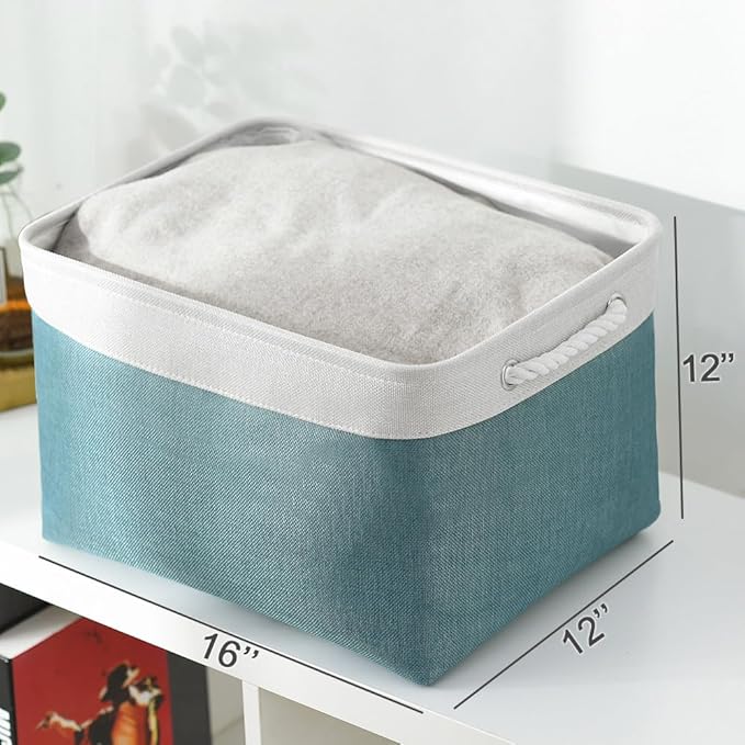 TheWarmHome Organization and Storage basket for Organizing - 3 Pack 16x12x12 inch Cube Storage Bin for Shelves, Fabric Storage Cubes for Organizer Cloth Closet Toy Box (White & Green)-NeatNest