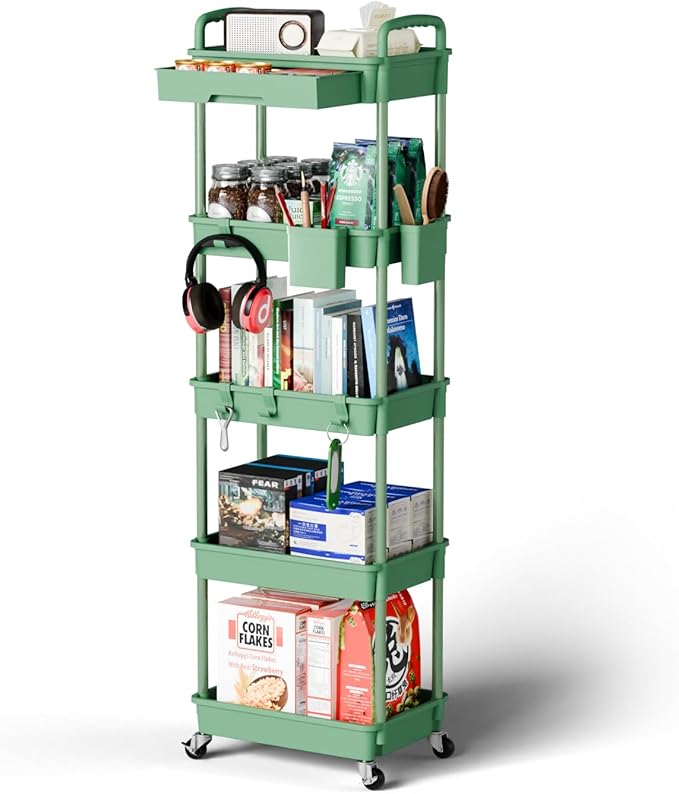 5 Tier Rolling Cart Organizer,Bathroom Cart Organizers with Wheels Laundry Room Organization Mobile Shelving Unit Utility Cart Storage Shelves Multi-Functional for Office, Home(Green)-NeatNest