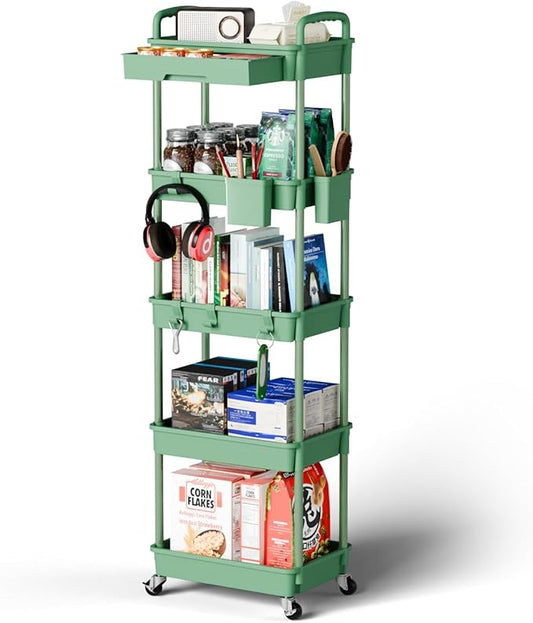 5 Tier Rolling Cart Organizer,Bathroom Cart Organizers with Wheels Laundry Room Organization Mobile Shelving Unit Utility Cart Storage Shelves Multi-Functional for Office, Home(Green)-NeatNest