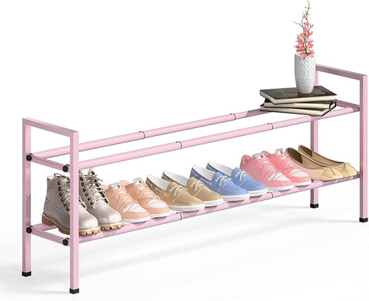 Bumusty 2-Tier Long Expandable Shoe Rack for Closet, 18"-44" Adjustable Shoe Rack for Entryway, 10-12 Pairs Large Shoe Organizer Shelf Storage, Sturdy Metal, Pink-NeatNest