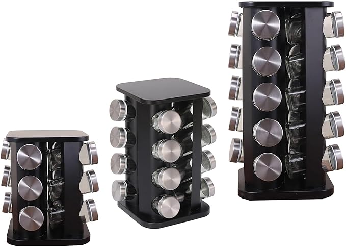 Spice rack-Revolving Spice Rack Set, Kitchen Spice Tower Organizer for Countertop or Cabinet -Desktop Rotating Seasoning Organizer(Stainless Steel) (Black, SquareHead_12Jars)