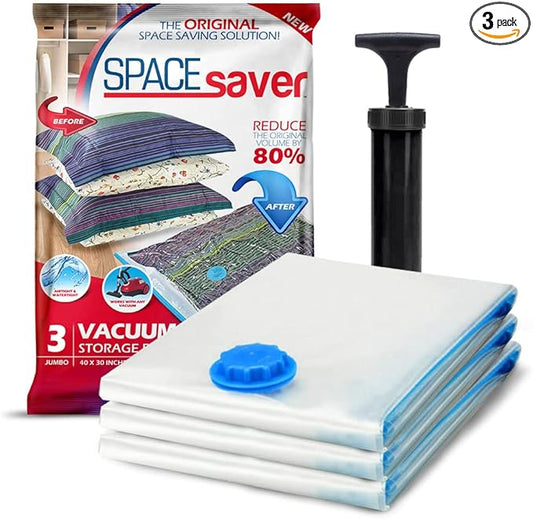 Spacesaver 3 Pack Jumbo Vacuum Storage Bags - 40" x 30 Heavy Duty Blanket Storage Bag with Pump - Space Saver for Clothes, Comforters, and Bedding - Compression Bags to Store Blankets for Travel-NeatNest