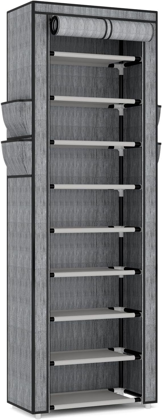 Shoe Rack with Cover Narrow Shoe Rack Organizer with 4 Side Pockets 10 Tier Tall Shoe Storage Shoe Shelf Holds 18-22 Pairs Shoes and Boots Shoe Rack for Closet, Printing-NeatNest