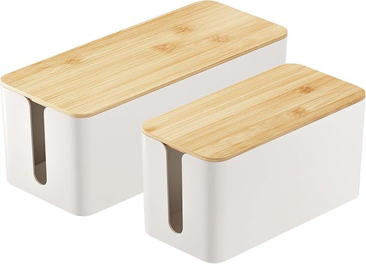 DELAMU 2 Pack Cable Management Box, Safe ABS Wood Grain Desk Medium and Small Cord Organizer, Baby-Pet Proof Lock Under Desk Cover Hidden for USB Hub TV Wires Computer Desks and Power Strips