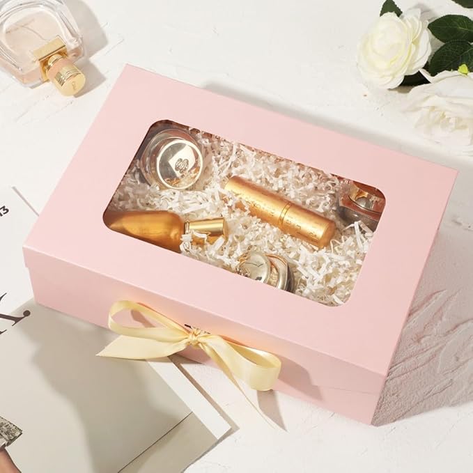 5 Pcs Pink Gift Box for Presents with Ribbon 10.8x7.5x3.5 Inches Clear Gift Box with Window Magnetic Closure Gift Boxes with Lids-NeatNest