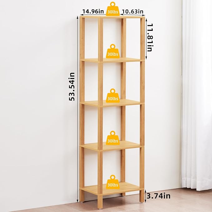 54in Tall Bookshelf 5-Tier Small Narrow Bookcase, Skinny Book Shelf for Small Space, Farmhouse Slim Shelf with Storage, Wood Freestanding Display Thin Bookshelves for Living Room, Natural