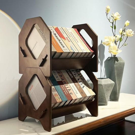 2 Pack Desktop Bookshelf, Stackable Book Organizer with Handle, Storage Rack for CD/Magazine/File Folder, Portable Small Bookshelf for Study, Living Room, Kid's Room, No Nails, Medium Size-NeatNest
