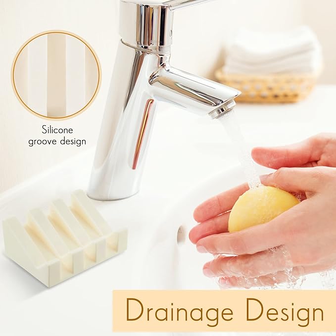 Cunhill 2 Pieces Silicone Soap Dish Self Draining Soap Dish Shower Waterfall Bar Soap Holder Tray with Drain Soap Saver for Kitchen Bathroom Accessories (Cream White)-NeatNest