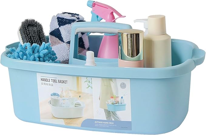 Cleaning Supplies Organizer, Large Cleaning Supply Caddy with Handle, Portable Cleaning Tool Storage Tote for Dorm, Bath, Pantry (Blue)-NeatNest